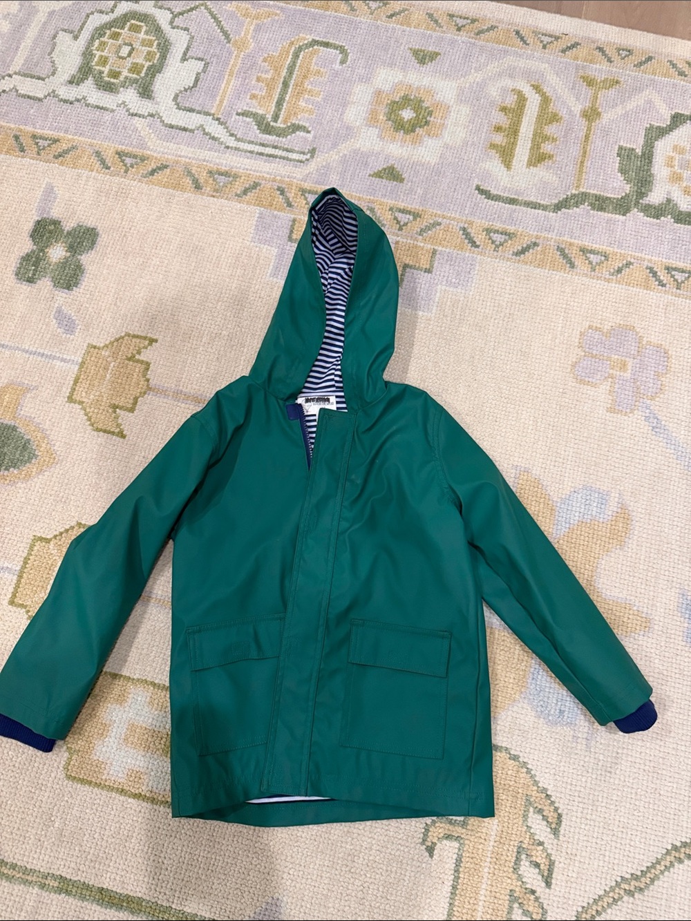 Children's Green Hooded Raincoat with Striped Lining